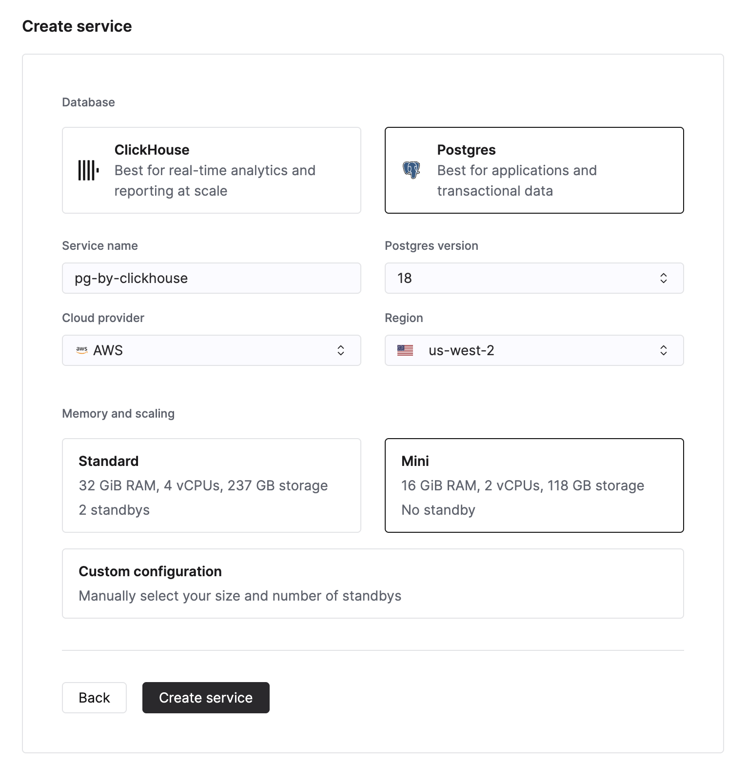 Создани�е экземпляра ClickHouse Managed Postgres