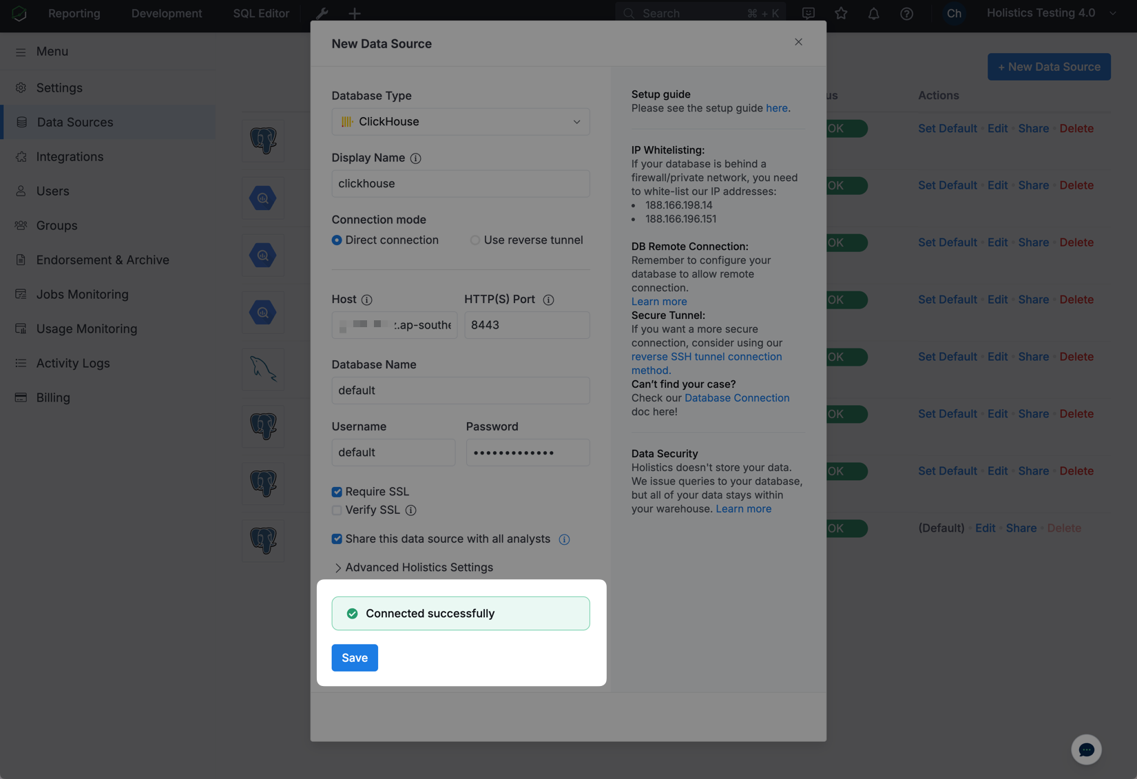 Успешное тестовое подключение к ClickHouse в Holistics